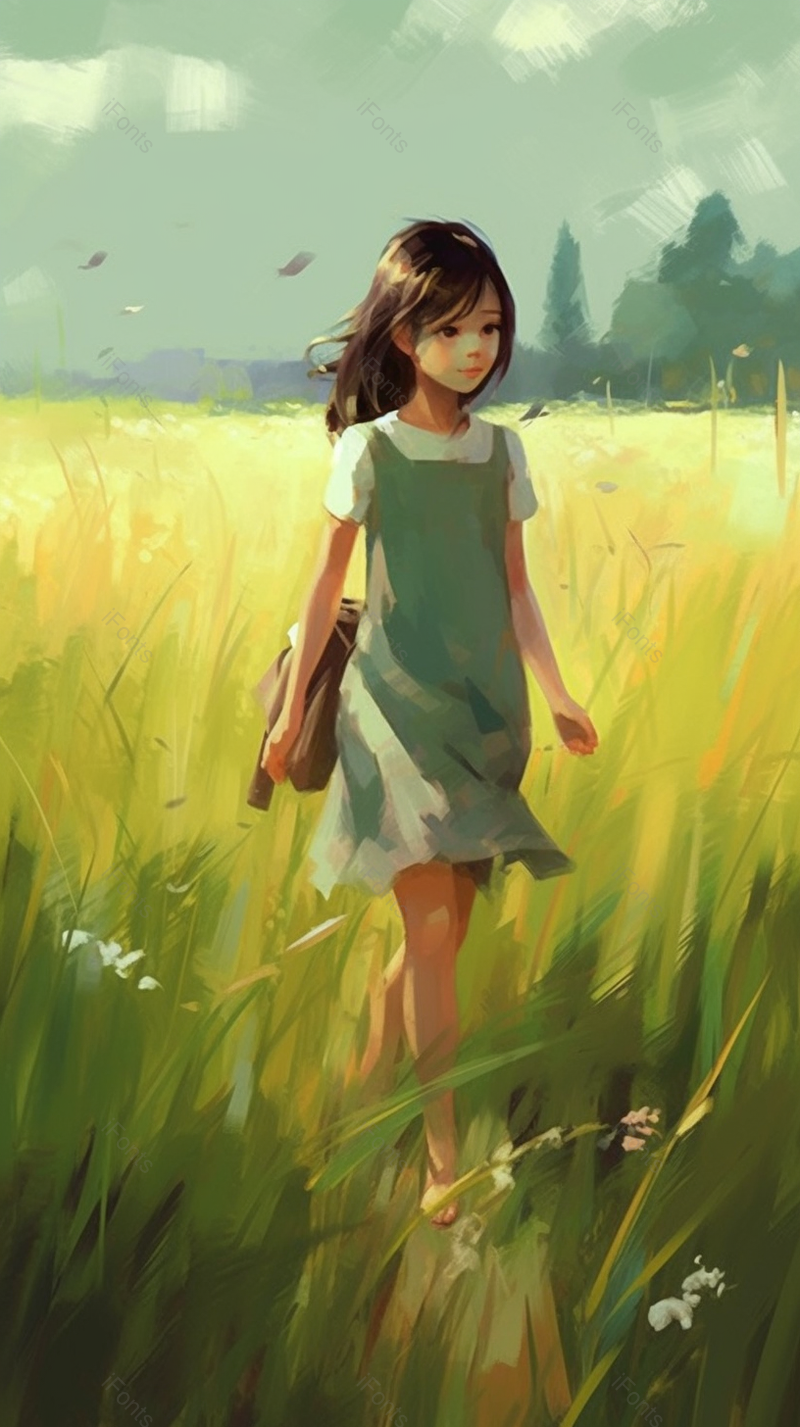 夏天走在草地上的少女自然风光插画背景手绘,插画/手绘图,插画/手绘图库,插画/手绘图下载,插画/手绘